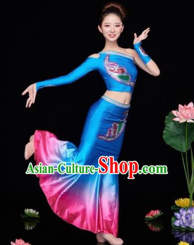 Traditional Chinese Dai Nationality Folk Dance Deep Blue Dress National Ethnic Peacock Dance Costume for Women