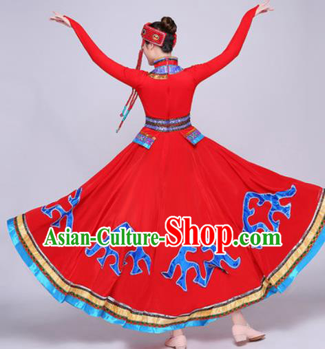 Traditional Chinese Mongol Nationality Folk Dance Red Dress National Ethnic Costume for Women