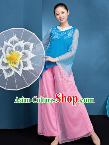 Traditional Chinese Folk Dance Stage Show Clothing Group Fan Dance Blue Costume for Women