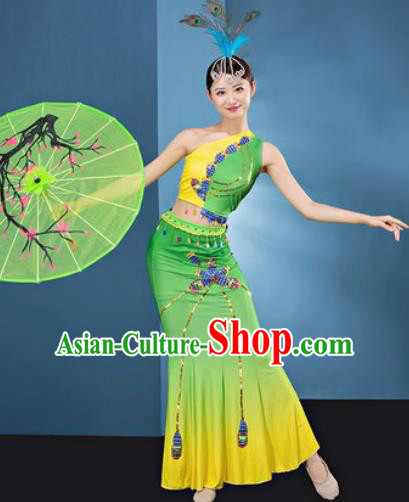 Traditional Chinese Dai Nationality Folk Dance Light Green Dress National Ethnic Peacock Dance Costume for Women