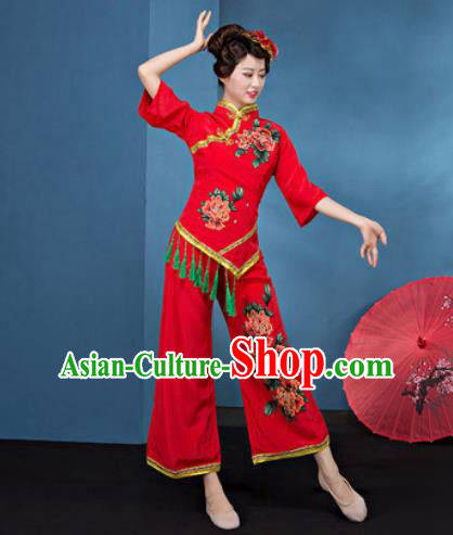 Traditional Chinese Folk Dance Stage Show Clothing Group Fan Dance Red Costume for Women