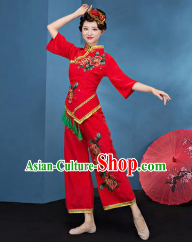 Traditional Chinese Folk Dance Stage Show Clothing Group Fan Dance Red Costume for Women