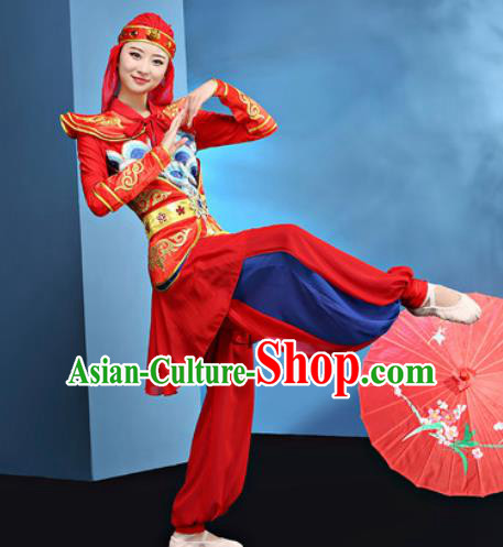 Traditional Chinese Folk Dance Stage Show Clothing Group Drum Dance Red Costume for Women