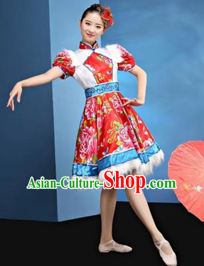 Traditional Chinese Folk Dance Yangko Stage Show Clothing Group Fan Dance Red Costume for Women