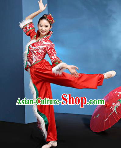 Traditional Chinese Folk Dance Stage Show Clothing Group Fan Dance Yangko Red Costume for Women