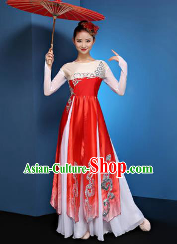 Chinese Traditional Umbrella Dance Red Dress Classical Lotus Dance Stage Performance Costume for Women