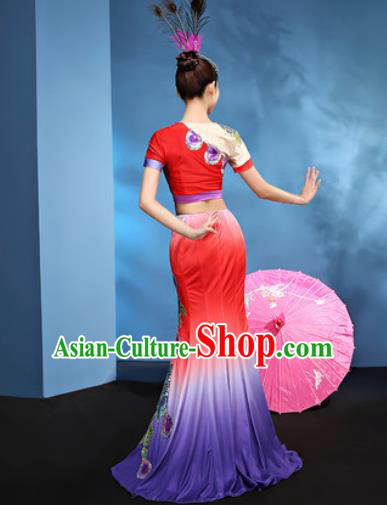 Traditional Chinese Dai Nationality Folk Dance Red Dress National Ethnic Peacock Dance Costume for Women