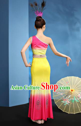 Traditional Chinese Dai Nationality Yellow Dress National Ethnic Folk Dance Peacock Dance Costume for Women