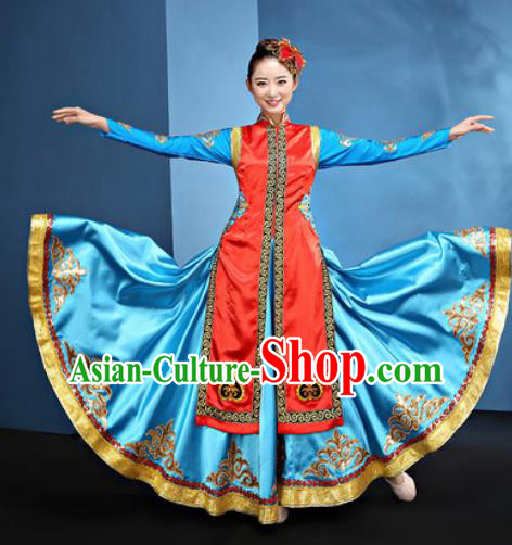 Traditional Chinese Mongol Nationality Blue Dress National Ethnic Folk Dance Mongolian Costume for Women