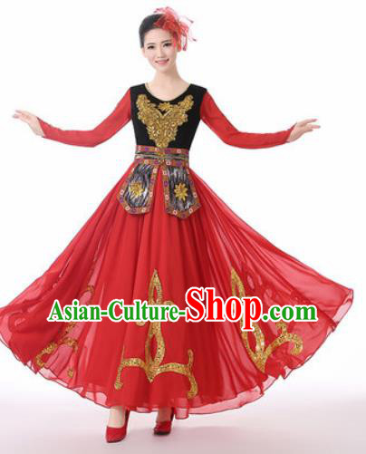 Traditional Chinese Uyghur Nationality Folk Dance Red Dress Uigurian National Ethnic Costume for Women
