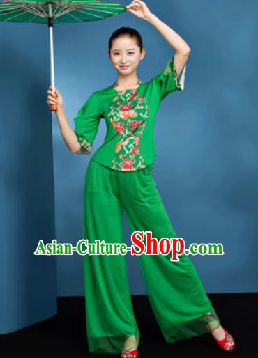 Traditional Chinese Folk Dance Fan Dance Green Clothing Yangko Dance Costume for Women