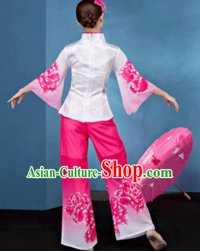 Traditional Chinese Folk Dance Stage Show Clothing Yangko Dance Printing Peony Pink Costume for Women
