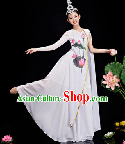 Chinese Traditional Umbrella Dance Printing Lotus Dress Classical Dance Stage Performance Costume for Women