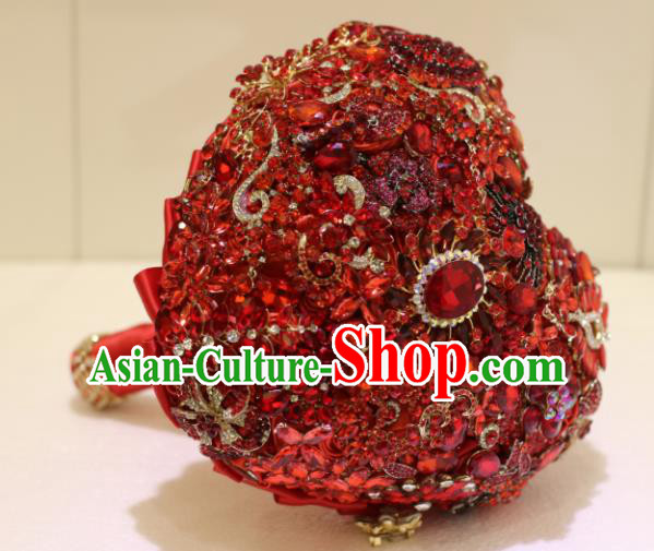 Top Grade Wedding Bridal Bouquet Hand Red Crystal Tied Bouquet Flowers for Women