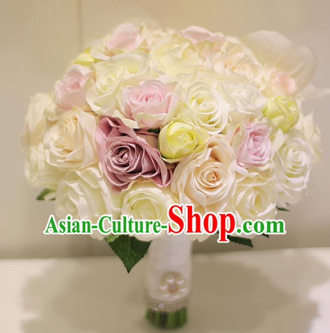 Top Grade Wedding Bridal Bouquet Hand White and Pink Roses Tied Bouquet Flowers for Women