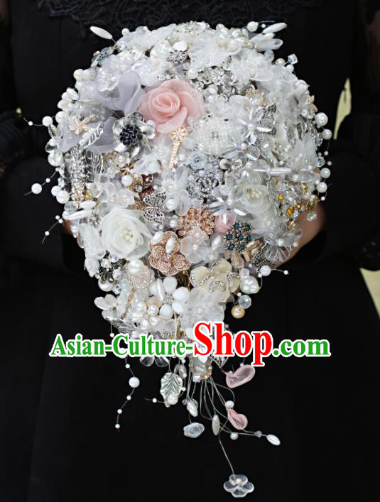 Top Grade Wedding Bridal Bouquet Hand Emulational Crystal Pearls Tied Bouquet Flowers for Women