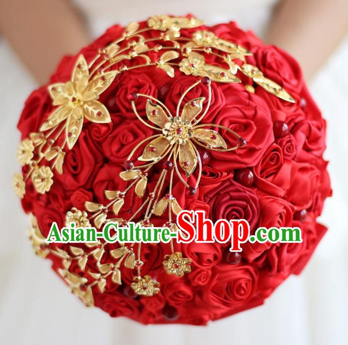 Top Grade Wedding Bridal Bouquet Hand Emulational Red Roses Ball Tied Bouquet Flowers for Women