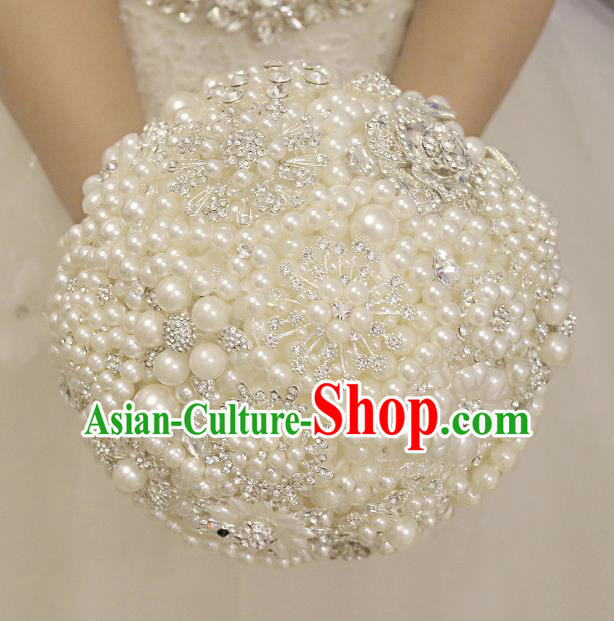 Top Grade Wedding Bridal Bouquet Hand Blue Crystal Pearls Flowers Ball Tied Bouquet Flowers for Women