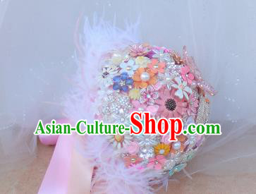 Top Grade Wedding Bridal Bouquet Hand Pink Beads Ball Tied Bouquet Flowers for Women