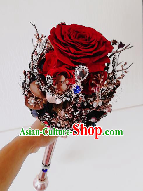 Chinese Traditional Wedding Bridal Bouquet Hand Red Rose Bunch Scepter for Women