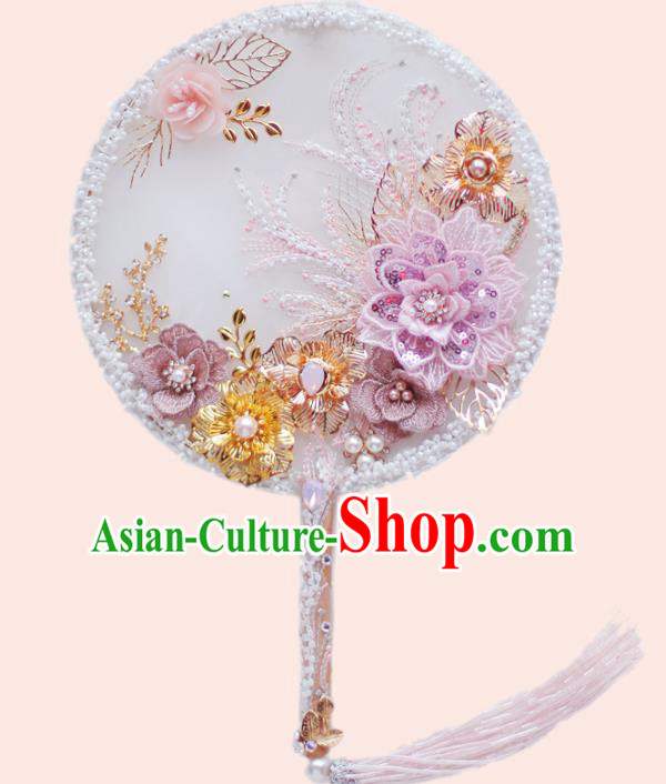 Chinese Traditional Wedding Round Fans Classical Bride Lace Flower Palace Fan for Women