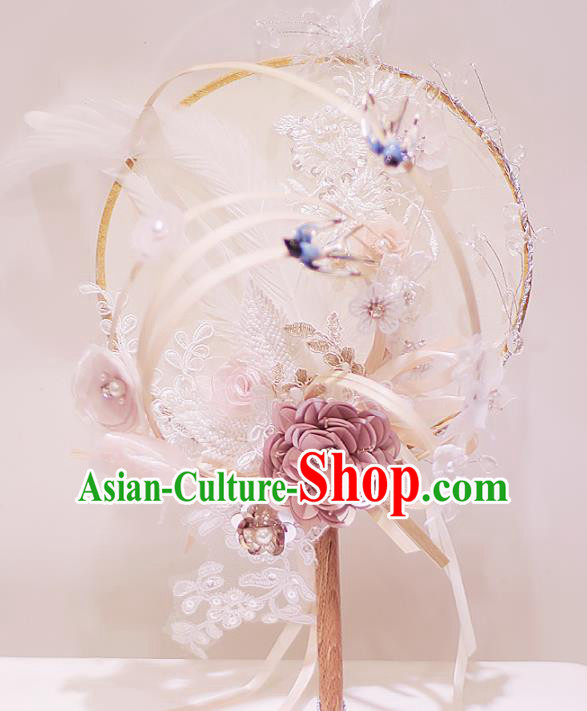 Chinese Traditional Wedding Round Fans Classical Bride Lace Flowers Palace Fan for Women