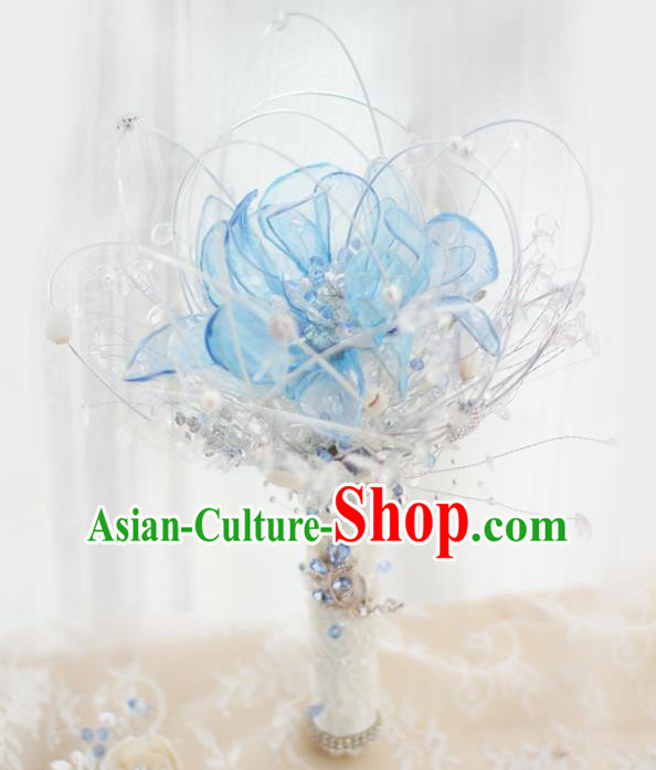 Chinese Traditional Wedding Bridal Bouquet Hand Crystal Blue Flowers Bunch for Women