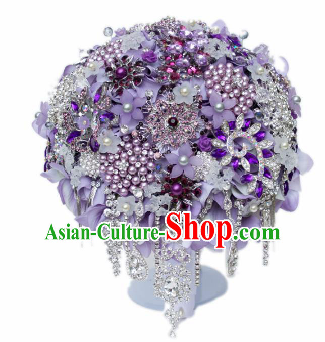Top Grade Wedding Bridal Bouquet Hand Purple Flowers Beads Bunch for Women