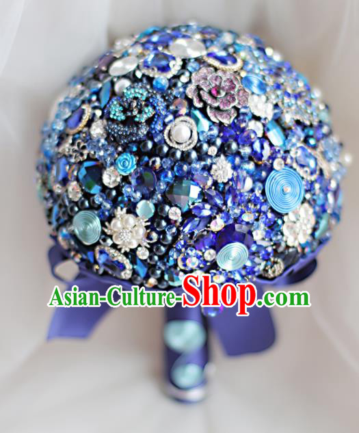 Top Grade Wedding Bridal Bouquet Hand Blue Crystal Flowers Bunch for Women