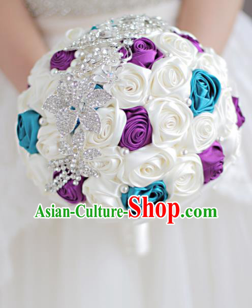 Top Grade Wedding Bridal Bouquet Hand Silk Rose Flowers Bunch for Women