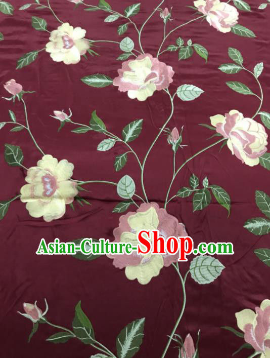 Asian Chinese Royal Embroidered Peony Pattern Wine Red Brocade Fabric Traditional Cheongsam Silk Fabric Material