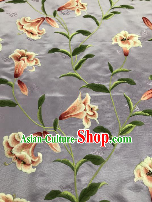 Asian Chinese Embroidered Greenish Lily Flower Pattern Grey Brocade Fabric Traditional Cheongsam Silk Fabric Material