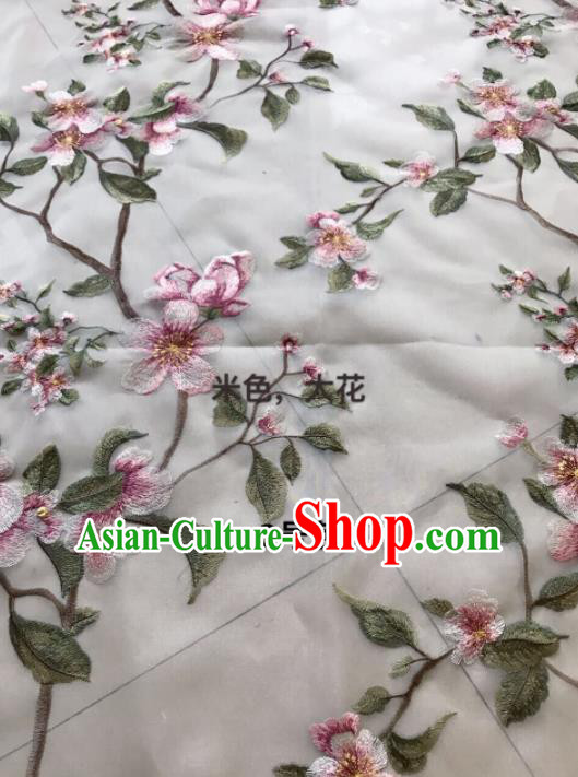 Asian Chinese Embroidered Peach Blossom Pattern Beige Silk Fabric Material Traditional Cheongsam Brocade Fabric