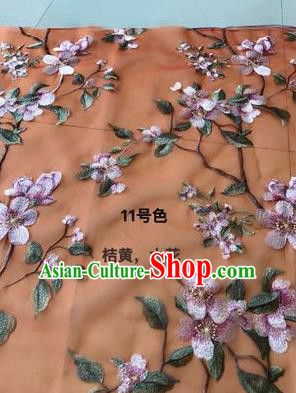 Asian Chinese Embroidered Peach Blossom Pattern Orange Silk Fabric Material Traditional Cheongsam Brocade Fabric