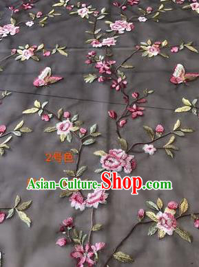 Asian Chinese Embroidered Peach Flowers Pattern Black Silk Fabric Material Traditional Cheongsam Brocade Fabric