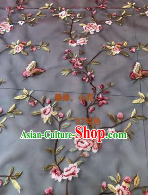 Asian Chinese Embroidered Peach Flowers Pattern Navy Silk Fabric Material Traditional Cheongsam Brocade Fabric
