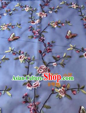 Asian Chinese Embroidered Peach Flowers Pattern Blue Silk Fabric Material Traditional Cheongsam Brocade Fabric