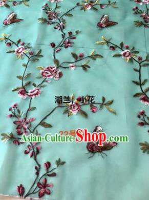 Asian Chinese Embroidered Peach Flowers Pattern Light Green Silk Fabric Material Traditional Cheongsam Brocade Fabric