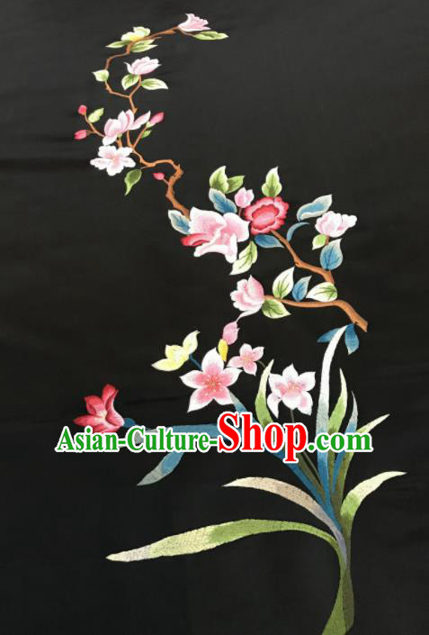 Asian Chinese Embroidered Orchid Pattern Black Silk Fabric Material Traditional Cheongsam Brocade Fabric