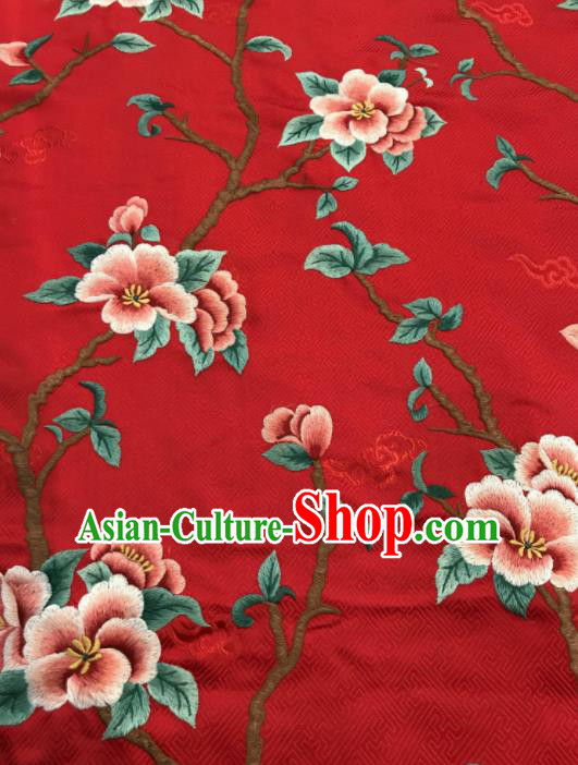 Asian Chinese Suzhou Embroidered Peach Blossom Pattern Red Silk Fabric Material Traditional Cheongsam Brocade Fabric