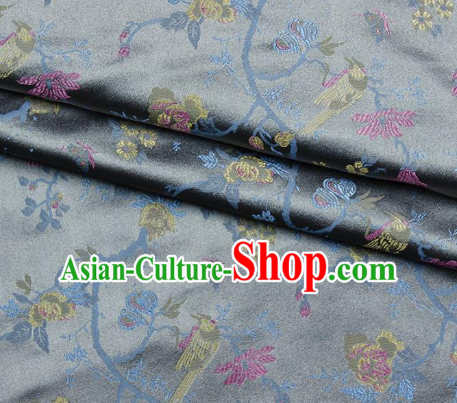 Asian Chinese Royal Flowers Birds Pattern Grey Brocade Fabric Traditional Silk Fabric Kimono Material