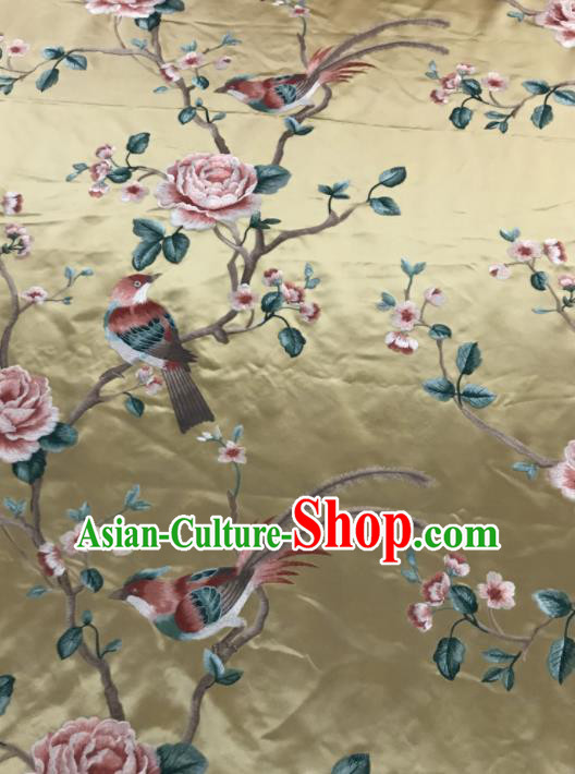 Asian Chinese Royal Embroidered Peony Birds Pattern Golden Brocade Fabric Traditional Cheongsam Silk Fabric Material