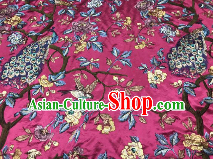 Asian Chinese Suzhou Embroidered Peacock Pattern Rosy Silk Fabric Material Traditional Cheongsam Brocade Fabric