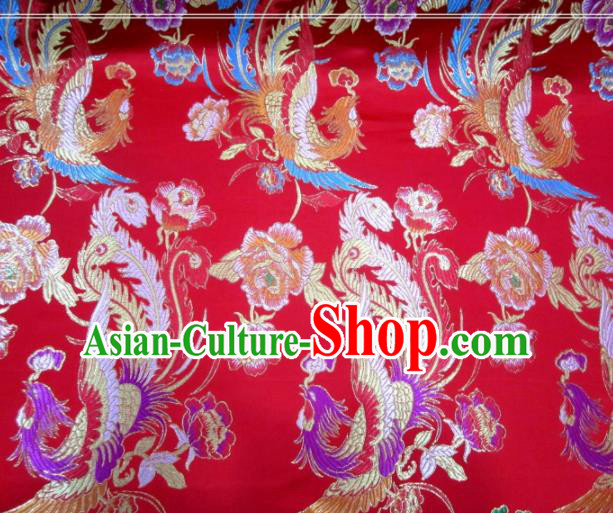 Asian Chinese Traditional Phoenix Peony Pattern Red Nanjing Brocade Fabric Tang Suit Silk Material