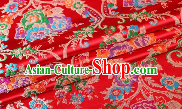 Asian Chinese Traditional Peony Pattern Red Nanjing Brocade Fabric Tang Suit Silk Material