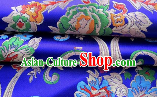 Asian Chinese Traditional Peony Pattern Royalblue Nanjing Brocade Fabric Tang Suit Silk Material