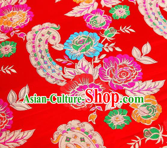 Asian Chinese Traditional Peony Flowers Pattern Red Satin Nanjing Brocade Fabric Tang Suit Silk Material