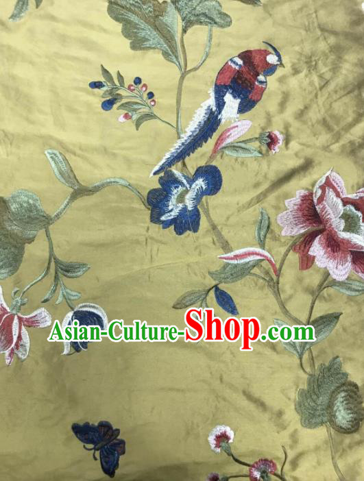 Asian Chinese Suzhou Embroidered Peony Birds Pattern Yellow Silk Fabric Material Traditional Cheongsam Brocade Fabric