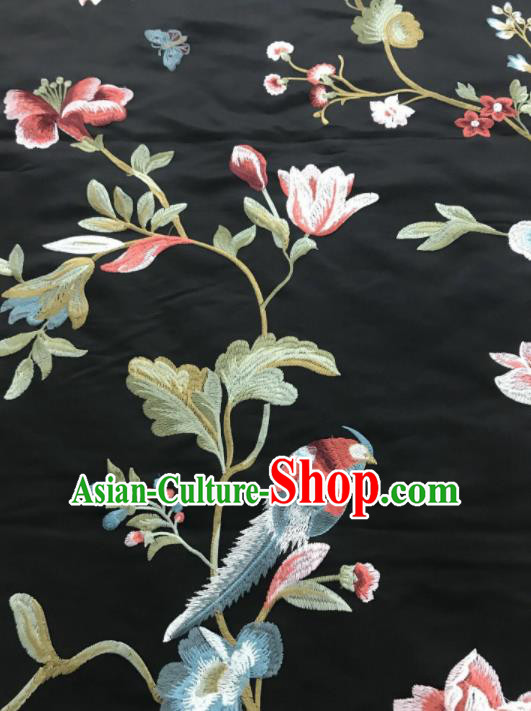 Asian Chinese Suzhou Embroidered Flowers Birds Pattern Black Silk Fabric Material Traditional Cheongsam Brocade Fabric