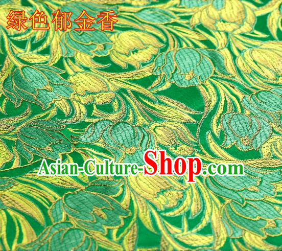 Asian Chinese Traditional Royal Tulip Pattern Green Satin Nanjing Brocade Fabric Tang Suit Silk Material